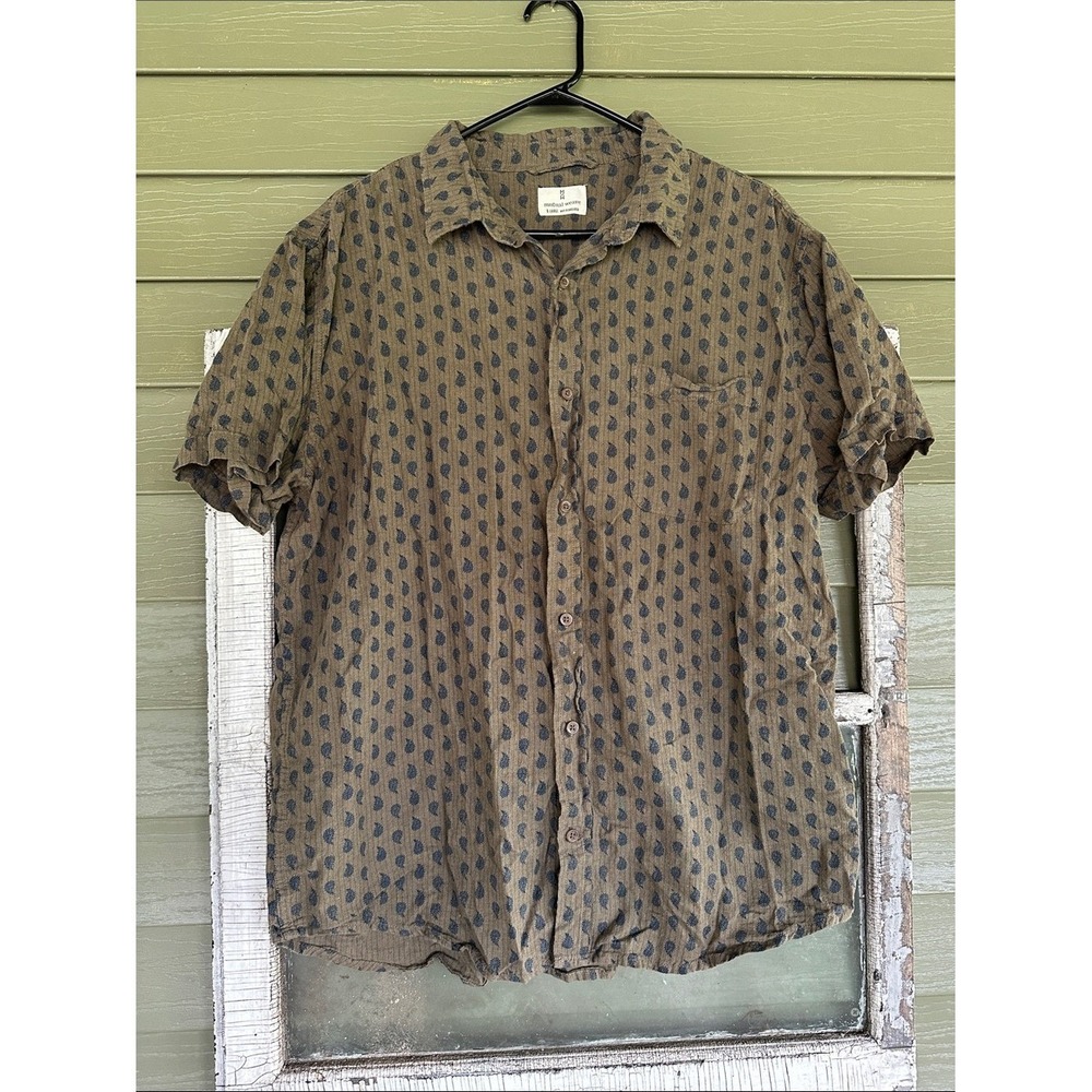 Mutual‎ Weave Mens XL Paisley Short Sleeve Button Down Shirt Olive Green Pocket